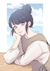 Rule 34 | 1girl, blue eyes, blue hair, blue sky, chigico u, closed mouth, cloud, cloudy sky, earrings, hair bun, hand on own chest, highres, jewelry, light blush, looking at viewer, marinette dupain-cheng, miraculous ladybug, shirt, sky, smile, solo, table, upper body, white shirt