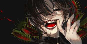 Rule 34 | 1boy, absurdres, braces, commentary, finger in own mouth, gakuran, hand up, highres, long hair, looking at viewer, male focus, open mouth, original, plant, portrait, school uniform, shimizu en (shimizuen3310), smile, solo, teeth, venus flytrap