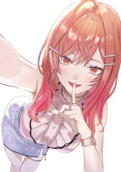 1girl :d absurdres ahoge blouse center_frills commentary_request dhbwinner earrings finger_to_mouth frills gold_choker gradient_hair hair_ornament hairclip highres hololive hololive_dev_is ichijou_ririka ichijou_ririka_(1st_costume) jewelry leaning_forward long_hair looking_at_viewer miniskirt multicolored_hair open_mouth orange_eyes orange_hair outstretched_arm parallel_hairclips pencil_skirt pink_hair pink_shirt purple_skirt reaching reaching_towards_viewer shirt shirt_tucked_in shushing side_slit simple_background skirt sleeveless sleeveless_shirt smile solo swept_bangs thighlet virtual_youtuber watch white_background wristwatch