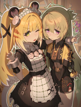2girls absurdres alternate_costume animal_ears apron arm_around_shoulder black_dress black_gloves black_shirt blonde_hair claw_pose closed_mouth collared_dress collared_shirt corin_wickes corin_wickes_(cosplay) cosplay costume_switch cropped_jacket dress elbow_gloves embarrassed fang gloves green_eyes green_hair highres jacket ju_fufu ju_fufu_(cosplay) long_hair looking_at_viewer maid maid_apron mangsik multicolored_hair multiple_girls one_eye_closed outline purple_eyes shirt skin_fang tiger_ears tiger_girl twintails two-tone_hair v very_long_hair white_hair white_outline yellow_jacket zenless_zone_zero