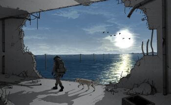 1girl absurdres backpack bag banken black_boots black_gloves black_hair blue_sky boots cloud cloudy_sky commentary_request dog facing_away floating_hair flock gloves grey_jacket grey_pants highres hole_in_wall hood hood_down hooded_jacket horizon industrial_pipe jacket ocean original pants partially_immersed post-apocalypse power_lines rebar reflection reflective_liquid rubble ruins scenery shade shadow short_hair sky sleeping_bag solo sun television utility_pole walking