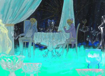 Rule 34 | 2boys, america (hetalia), axis powers hetalia, black eyes, black necktie, blonde hair, chair, chinese commentary, closed mouth, commentary, cup, glasses, gloves, grey pants, hat, highres, holding, holding cup, jukttgsnle9824, looking at another, male focus, mini hat, mini top hat, multiple boys, necktie, pants, purple hat, short hair, sitting, teacup, top hat, united kingdom (hetalia), white gloves