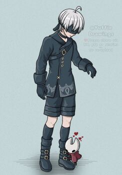 1boy 1girl 9s_(nier:automata) aged_down ahoge back black_boots black_gloves black_shorts black_socks blindfold boots commentary crossover english_commentary gloves grey_hair heart highres hollow_knight hornet_(hollow_knight) hugging_another&#039;s_leg kneehighs nier:automata nier_(series) shorts socks twitter_username watermark yuffie_drawings