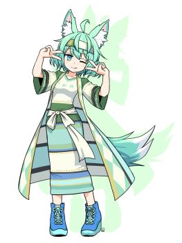 Rule 34 | 1girl, ahoge, animal ear fluff, animal ears, blue eyes, blue shoes, character request, commentary request, commission, double v, drop shadow, full body, green hair, hairband, hands up, highres, jacket, multicolored skirt, muu (mumumer), open clothes, open jacket, original, shirt, shoes, simple background, skeb commission, skirt, solo, standing, tail, v, white background, white shirt