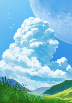 blue_sky bug cloud cloudy_sky commentary_request day grass insect ladybug landscape libero_(libero2590) meadow moon nature no_humans original outdoors scenery simple_bird sky sky_focus summer