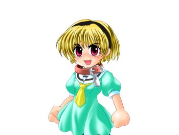 1girl animal_collar black_hairband blonde_hair collar dress eyes_visible_through_hair fang game_cg green_dress hairband higurashi_no_naku_koro_ni houjou_satoko large_variant_set neckerchief no_nose open_mouth pink_eyes puffy_short_sleeves puffy_sleeves ryukishi07 sailor_collar sailor_dress school_uniform short_sleeves smug variant_set white_sailor_collar yellow_neckerchief