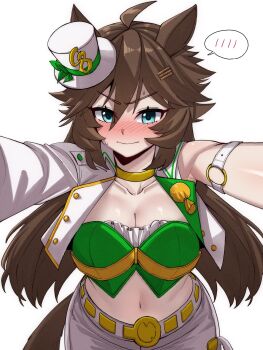 1girl 7a_(se7ena) ahoge animal_ears arm_strap asymmetrical_jacket blue_eyes blush breasts brown_hair choker cleavage closed_mouth collarbone commentary commission cowboy_shot cropped_jacket green_shirt hair_between_eyes hair_ornament hairclip hat highres horse_ears horse_girl horse_tail jacket large_breasts long_hair looking_at_viewer midriff mini_hat mini_top_hat mr._c.b._(clear_bliss)_(umamusume) mr._c.b._(umamusume) navel o-ring o-ring_arm_strap pants parallel_hairclips shirt simple_background single_bare_shoulder single_sleeve solo speech_bubble spoken_blush strapless strapless_shirt sweat tail top_hat umamusume v-shaped_eyebrows white_background white_jacket white_pants yellow_choker