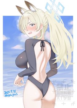 1girl animal_ears ass back beach blonde_hair blue_archive blue_eyes blue_sky blush breasts cloud cloudy_sky dog_ears go_yasukuni hair_over_one_eye halo highres kanna_(blue_archive) large_breasts long_hair ocean ponytail sky