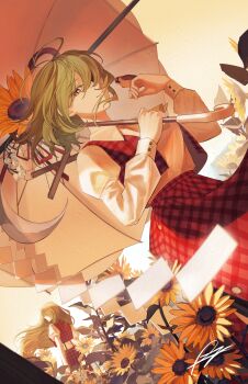 2girls bird bird_on_hand closed_mouth colored_eyelashes commentary_request dual_persona dutch_angle field flower flower_field green_hair hair_over_one_eye highres holding holding_umbrella juliet_sleeves kazami_yuuka kazami_yuuka_(pc-98) leaf light_smile lily_of_the_valley long_sleeves mini-hakkero multiple_girls open_clothes open_vest pants parasol partyu plaid_clothes plaid_pants plaid_skirt plaid_vest puffy_short_sleeves puffy_sleeves red_eyes red_pants red_ribbon red_skirt red_vest ribbon shide shirt short_sleeves signature skirt skirt_set sky sparrow standing sunflower sunflower_field touhou touhou_(pc-98) umbrella vest white_shirt wind wing_collar