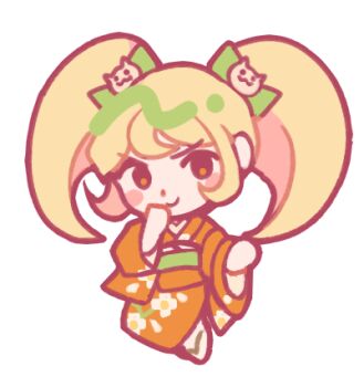 1girl blonde_hair blush blush_stickers bow catp0sse chibi chibi_only commentary danganronpa_(series) danganronpa_2:_goodbye_despair english_commentary full_body green_bow green_sash hair_bow japanese_clothes kimono long_hair lowres obi orange_kimono saionji_hiyoko sash simple_background smile solo twintails white_background