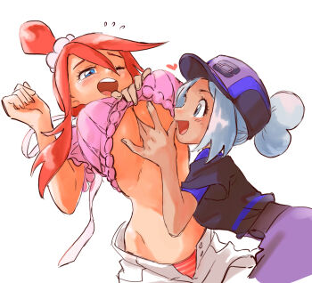 2girls arm_between_breasts bettie_(pokemon) between_breasts blue_eyes breasts crop_top grey_eyes grey_hair hat heart looking_at_another multiple_girls nintendo official_alternate_color official_alternate_costume one_eye_closed open_mouth panties partially_unbuttoned pokemon pokemon_masters_ex red_hair shirt shorts skyla_(pokemon) skyla_(summer_2025)_(pokemon) teeth u4_99384295 underboob underwear upper_body upper_teeth_only yuri