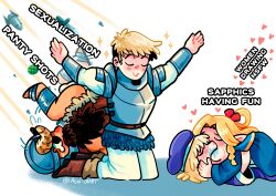 Rule 34 | 2boys, 2girls, absurdres, afterimage, agui chart, armor, artist name, beard, beret, blonde hair, blue hat, blue robe, brother and sister, bulge, closed eyes, commentary, dungeon meshi, english commentary, english text, explosive, facial hair, fake horns, falin touden, full body, grenade, hat, helmet, highres, horned helmet, horns, kiss, kneeling, laios touden, male underwear, marcille donato, meme, multiple boys, multiple girls, muppet mouth characters making out (meme), outstretched arms, plate armor, revision, robe, rocket, saliva, senshi (dungeon meshi), siblings, sparkling aura, spread arms, tearing up, the silent protector (meme), too many memes, underwear, white male underwear, yuri