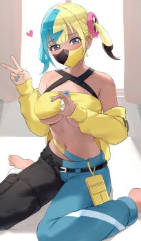 1girl absurdres amayo_thranana aqua_hair bandeau bare_shoulders black_hair black_pants blonde_hair blue_eyes blue_nails blue_pants breasts canari_(pokemon) commentary_request dark-skinned_female dark_skin highres looking_at_viewer mask midriff mouth_mask multicolored_hair multicolored_nails navel nintendo pants pokemon pokemon_legends:_z-a sitting solo tan two-tone_mask two-tone_pants underboob v yellow_bandeau yellow_nails