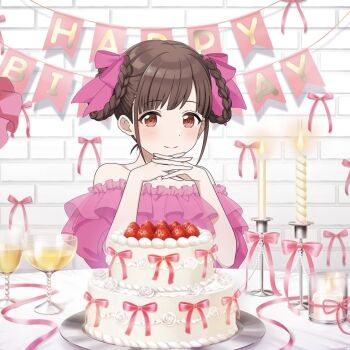 1girl braid brick_wall brown_hair cake candle cup drinking_glass english_text fire flag food fruit happy_birthday idolmaster idolmaster_shiny_colors liquid official_art own_hands_clasped plate red_eyes ribbon smile solo sonoda_chiyoko strawberry table wine_glass
