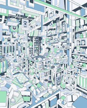 1girl absurdly_detailed_composition absurdres antique_phone bitcoin black_hair bookshelf chair closed_eyes clothes_hanger crossed_arms cube feet_up flat_color ghost glasses grey_pants grey_shirt guitar gun hair_bun hebitsukai highres incredibly_absurdres indoors instrument limited_palette loaded_interior long_sleeves mask noh_mask octopus open_mouth original pants phone rifle rotary_phone round_eyewear shelf shirt short_hair sitting sniper_rifle solo tengu_mask toy_car unworn_shirt very_wide_shot weapon