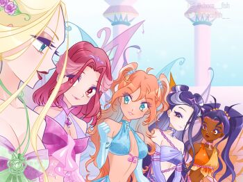 5girls alfea alternate_costume arm_ribbon asian bad_id bad_twitter_id bare_shoulders blonde_hair blue_choker blue_eyes blue_gloves blue_pupils blue_shirt blue_skirt blue_sky bottle breasts bright_pupils brown_eyes center_opening chocofish choker circlet cleavage clenched_hand closed_mouth collar collarbone commentary cornelia_hale cowboy_shot crop_top dark-skinned_female dark_skin day detached_collar double_bun dress elbow_gloves enchantix english_commentary eyelashes eyes_visible_through_hair eyeshadow fairy fairy_wings flower frilled_shirt frills glitter gloves green_ribbon hair_bobbles hair_bun hair_flower hair_ornament hair_over_one_eye hair_ribbon halter_shirt halterneck happy hay_lin high_collar highres instagram_username irma_lair light_blush light_particles lineup lipstick long_hair magical_girl makeup medium_hair midriff multicolored_hair multiple_girls navel neck_ribbon open_mouth orange_eyes orange_eyeshadow orange_hair orange_shirt orange_wings outdoors oversized_wings own_hands_together pale_skin parted_lips pink_choker pink_collar pink_eyeshadow pink_flower pink_gloves pink_hair pink_lips pink_pupils pink_ribbon pink_rose pink_shirt pink_wings purple_choker purple_dress purple_eyeshadow purple_gloves purple_hair purple_shirt purple_wings red_eyes red_lips ribbon rose school shirt sidelocks single_strap skirt skirt_set sky smile standing strapless strapless_dress streaked_hair talking tan taranee_cook teeth tower twitter_username two-tone_shirt two_side_up upper_body upper_teeth_only very_dark_skin very_long_hair w.i.t.c.h. watermark wavy_hair white_pupils will_vandom wings winx_club yellow_shirt