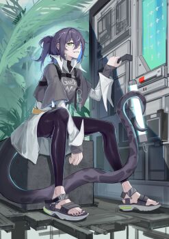 1girl absurdres arknights asbestos_(arknights) black_hair black_nails blue_hair chest_harness colored_inner_hair eyepatch green_eyes grey_shirt hair_over_one_eye harness highres holding holding_with_tail leggings lizard_tail looking_at_viewer machine multicolored_hair nail_polish open-toe_shoes plant ponytail prehensile_tail sandals sharp_teeth shirt short_hair sitting smirk solo sue_yanagi-san tail teeth