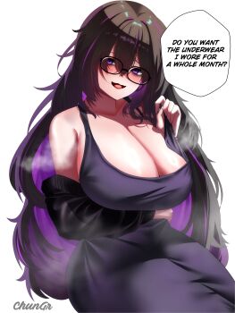 1girl absurdres arm_under_breasts armpit_crease artist_name bags_under_eyes bare_shoulders black-framed_eyewear black_cardigan black_dress black_hair breasts cardigan cardigan_partially_removed chun_gr cleavage colored_inner_hair commentary dress english_text glasses goddess_of_victory:_nikke hair_between_eyes highres huge_breasts invisible_chair label_(nikke) long_hair looking_at_viewer multicolored_hair purple_hair signature simple_background sitting sleeveless sleeveless_dress solo speech_bubble steaming_body very_long_hair white_background