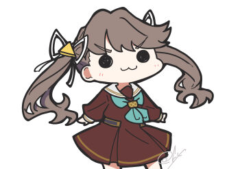 1girl :3 absurdres aqua_neckerchief brown_dress brown_hair chibi chibi_only closed_mouth dress feet_out_of_frame fujishima_megumi hair_ornament hair_ribbon hasu_no_sora_school_uniform highres link!_like!_love_live! long_hair long_sleeves love_live! medium_dress neckerchief on_your_mark_(love_live!) oofushi_ao pleated_dress ribbon sailor_collar sailor_dress school_uniform signature simple_background solid_circle_eyes solo standing triangle_hair_ornament twintails v-shaped_eyebrows virtual_youtuber white_background white_ribbon white_sailor_collar winter_uniform