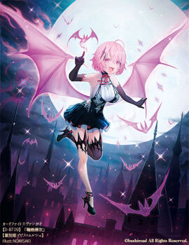 1girl :d ahoge amano_misaki asymmetrical_legwear bat_(animal) bat_wings black_gloves breasts cardfight!!_vanguard commentary_request copyright_notice dress elbow_gloves fangs floating gloves large_breasts open_mouth outdoors pink_eyes pink_hair pink_wings short_hair sky smile solo wings