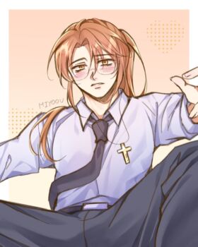 1boy artist_name black_necktie black_pants blush brooch brown_hair collared_shirt commentary cross cross_necklace degrees_of_lewdity english_commentary glasses grey_shirt jewelry long_hair looking_at_viewer miyoou11 necklace necktie pants round_eyewear shirt solo sydney_(degrees_of_lewdity) sydney_(male)_(degrees_of_lewdity)