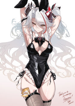 1girl alternate_breast_size_(smaller) animal_ears arms_behind_back arms_up artist_name azur_lane black_leotard black_thighhighs breasts closed_mouth commentary_request commission cowboy_shot dated detached_collar english_text fake_animal_ears gradient_background highres leotard long_hair medium_breasts multicolored_hair official_alternate_costume pixiv_commission playboy_bunny prinz_eugen_(azur_lane) prinz_eugen_(between_tipsiness_and_a_wager)_(azur_lane) rabbit_ears red_hair signature simple_background smile solo standing streaked_hair sunnysideup thank_you thighhighs two_side_up white_background white_hair yellow_eyes