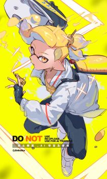 1boy artist_name black_gloves black_pants bloblobber_(splatoon) blonde_hair earrings ed_(jinko) fingerless_gloves full_body gloves highres ink ink_tank_(splatoon) inkling inkling_boy inkling_player_character jacket jewelry jinkoika male_focus medium_hair nintendo original pants pointy_ears ponytail solo splatoon_(series) splatoon_3 tentacle_hair twitter_username watermark weapon white_jacket yellow_background yellow_eyes