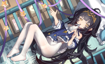 1girl absurdres baby_bottle bare_shoulders bed black_hair blue_shirt bottle commentary_request frilled_pillow frilled_shirt_collar frills highres kele_mimi knees_up loli long_hair looking_at_viewer lying off-shoulder_shirt off_shoulder on_back original pantyhose pillow shirt white_pantyhose yellow_eyes