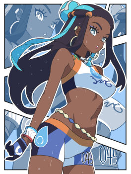 1girl aqua_hair belly_chain bikini black_hair blue_eyeliner blue_eyes breasts commentary_request dark-skinned_female dark_skin dynamax_band earrings eyeliner gloves highres hoop_earrings jewelry kanbei_(pixiv11037490) makeup medium_breasts multicolored_hair navel nessa_(pokemon) nintendo parted_lips pokemon pokemon_swsh solo stomach swimsuit tankini two-tone_hair zoom_layer