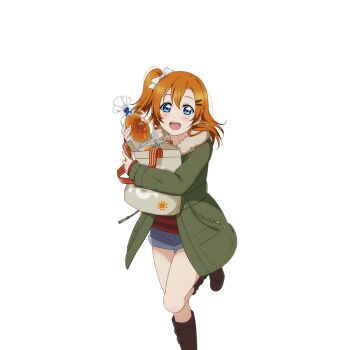 1girl :d bag blue_eyes blush boots bow bread coat denim denim_shorts double-parted_bangs food fur-trimmed_coat fur_trim green_coat hair_bow hair_ornament hairpin holding holding_bag holding_pastry_bag kosaka_honoka love_live! love_live!_school_idol_festival love_live!_school_idol_project medium_hair official_alternate_costume official_art one_side_up open_mouth orange_hair pastry_bag red_sweater shorts smile standing standing_on_one_leg striped_clothes striped_sweater sun_symbol sweater teeth tote_bag upper_teeth_only white_bow white_day_(love_live!)
