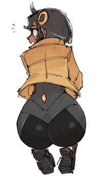 1girl ass ass_focus black_bodysuit bodysuit bodysuit_under_clothes brown_jacket dark-skinned_female dark_skin emma_(pokemon) from_behind highres jacket jelatshoo latex latex_bodysuit looking_to_the_side nintendo open_mouth pokemon pokemon_legends:_z-a skin_tight squatting tiptoes white_background