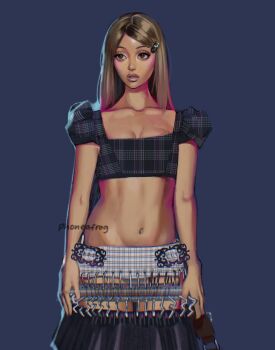 Rule 34 | 1girl, arms at sides, artist name, backlighting, black shirt, black skirt, breasts, brown eyes, chromatic aberration, cleavage, collarbone, commentary, cowboy shot, cropped shirt, dark-skinned female, dark skin, english commentary, eyelashes, fashion, grey skirt, hair ornament, hairpin, highres, lipstick, lowleg, lowleg skirt, makeup, multicolored skirt, navel, parted lips, phoneafrog, pinkpantheress, plaid clothes, plaid shirt, plaid skirt, puffy short sleeves, puffy sleeves, purple background, real life, shirt, short sleeves, simple background, skirt, small breasts, solo, square neckline, straight-on, straight hair, swept bangs, torn clothes, torn skirt, white skirt