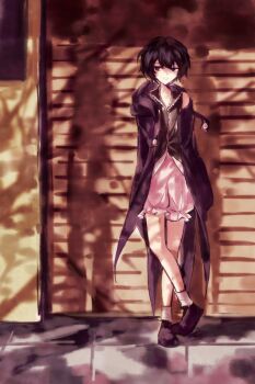 1other absurdres against_wall androgynous ankle_socks black_shirt boots buttons cabin chinese_commentary coattails collared_shirt commentary commentary_request crossed_ankles day detached_hood door dot_nose english_commentary frilled_shorts frills full_body grin hair_between_eyes happy highres hood hood_down hooded_jacket jacket len&#039;en long_sleeves looking_to_the_side mixed-language_commentary no_headwear open_clothes open_jacket other_focus pink_shorts puffy_shorts purple_boots purple_eyes purple_hair purple_jacket shade shirt shitodo_kuroji short_hair shorts single_bare_shoulder sleeveless sleeveless_shirt sleeves_past_fingers sleeves_past_wrists smile socks solo standing white_socks yancao_(pixiv_103434280) zipper zipper_pull_tab