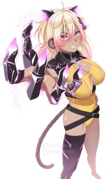 1girl absurdres animal_ears ass blonde_hair breasts claws cleavage cleavage_cutout clothing_cutout cyborg electricity highres indie_virtual_youtuber koko_d._nuts large_breasts leotard matt_estrela mechanical_arms monkey_ears monkey_girl monkey_tail pink_eyes pink_hair pink_nails single_thighhigh smile tail thighhighs thighs twintails virtual_youtuber white_background yellow_leotard