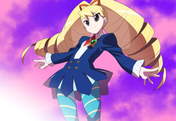 1girl blonde_hair blue_dress bow dress drill_hair em_wave_change_(mega_man) hair_bow henshin kaidou_zx long_hair luna_platz_(mega_man) mega_man_(series) mega_man_star_force_(series) pantyhose purple_background red_bow school_uniform smile striped_clothes striped_pantyhose twin_drills variant_set very_long_hair