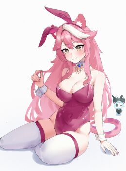 1girl animal_ear_fluff animal_ear_hairband animal_ears bare_shoulders bow bowtie breasts brooch center-flap_bangs chattino_(raora_panthera) cleavage closed_mouth commentary covered_navel detached_collar english_commentary engrish_commentary fake_animal_ears hairband highleg highleg_leotard highres holding holding_own_hair hololive hololive_english jewelry large_breasts leotard long_hair looking_at_viewer multicolored_hair nail_polish panther_ears panther_girl panther_tail pink_hair pink_leotard pink_nails playboy_bunny pyrokuro rabbit_ear_hairband rabbit_ears raora_panthera simple_background sitting smile solo strapless strapless_leotard streaked_hair tail thighhighs very_long_hair virtual_youtuber white_background white_hair white_thighhighs wrist_cuffs yellow_eyes yokozuwari