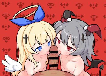 1boy 2girls akuma_(tententengokujigokugoku) angel angel_wings asymmetrical_horns bar_censor black_horns black_tail black_wings blonde_hair blue_eyes bow breasts censored commentary_request cooperative_fellatio cross cross_hair_ornament demon_girl demon_horns demon_tail demon_wings detached_wings fellatio ffm_threesome grey_hair group_sex hair_ornament halo hetero horizontal_pupils horn_bow horn_ornament horns inverted_cross latin_cross licking licking_penis loli long_hair looking_at_penis low_wings mini_wings mismatched_horns multiple_girls nipples nude oral paid_reward_available penis pov pov_crotch red_background red_eyes red_horns scarfy_(scarfy_chang) small_breasts tail teamwork_(sexual) tenshi_(tententengokujigokugoku) tententengokujigokugoku_(aiobahn) threesome tongue tongue_out traditional_halo variant_set wings yellow_halo