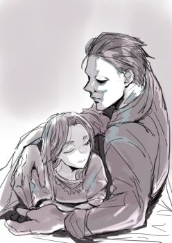 Rule 34 | 1boy, 1girl, 1kouj1 yaeko, 2019, age difference, brown hair, halloween (movie), height difference, hug, jamie lloyd, michael myers, monochrome, older male and younger female, size difference, uncle and niece, white mask