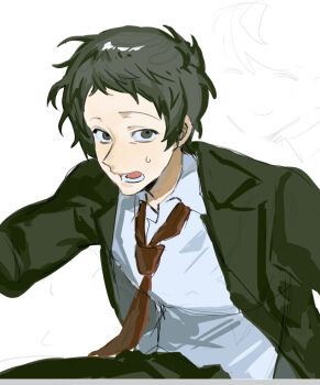 Rule 34 | 1boy, adachi tooru, black eyes, black jacket, chengmingraven, collared shirt, commentary request, formal clothes, highres, jacket, long sleeves, looking at viewer, male focus, messy hair, necktie, nervous, open mouth, persona, persona 4, red necktie, shirt, short hair, simple background, solo, suit, sweatdrop, white background, white shirt