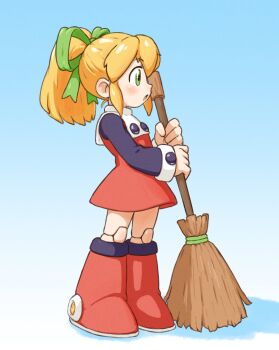1girl absurdres android beachepisode blonde_hair blue_background broom dress from_side full_body gradient_background green_eyes green_hair green_ribbon hair_ribbon high_ponytail highres holding holding_broom joints long_sleeves mechanical_boots mega_man_(classic) mega_man_(series) open_mouth parted_lips ponytail red_dress ribbon robot_girl robot_joints roll_(mega_man) sidelocks simple_background solo standing