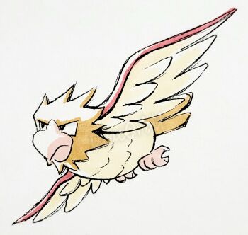 artist_name beak bird dracorbit feathered_wings flying full_body gen_1_pokemon highres looking_to_the_side nintendo no_humans pokemon pokemon_(creature) simple_background solo spearow traditional_media watermark white_background wings