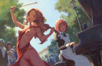 2girls 6+others bigrbear breasts brown_hair dress green_eyes highres holding holding_instrument holding_violin instrument long_hair maid medium_breasts multiple_girls multiple_others original outdoors piano pussy red_dress red_eyes red_hair short_hair sitting standing uncensored violin