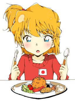 Rule 34 | 1girl, :o, blue eyes, blush, brown hair, female focus, flag, food, haibara ai, hiro chi, lowres, meitantei conan, official style, okosama lunch, short hair, side ponytail, simple background, solo, white background