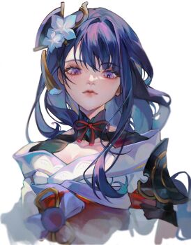 1girl absurdres asymmetrical_sleeves beiqingluoshicaicai blue_flower blue_pupils braid breasts bridal_gauntlets chinese_commentary cleavage closed_mouth clothing_cutout collarbone duplicate fan_hair_ornament flower flower_ornament genshin_impact gradient_hair hair_flower hair_intakes hair_ornament head_tilt highres japanese_clothes kimono large_breasts long_braid long_hair looking_at_viewer mole mole_under_eye multicolored_eyes multicolored_hair pink_lips purple_eyes purple_hair purple_kimono raiden_shogun red_sash sash shade shoulder_cutout simple_background solo thick_lips uneven_sleeves upper_body wavy_hair white_background wide_sleeves