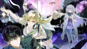 1boy 3girls aemeath_(wuthering_waves) black_hair black_skirt breasts cleavage closed_mouth commentary dress earrings grey_hair hair_between_eyes hair_ornament hair_over_one_eye headphones headphones_around_neck highres jewelry long_hair lynae_(wuthering_waves) male_rover_(wuthering_waves) medium_breasts mornye_(wuthering_waves) multiple_girls purple_dress purple_eyes rover_(wuthering_waves) see-through_body shirt skirt skull_hair_ornament smile ssyatjjeu7 star_(symbol) star_earrings symbol-only_commentary triangle_earrings very_long_hair white_shirt wuthering_waves yellow_eyes