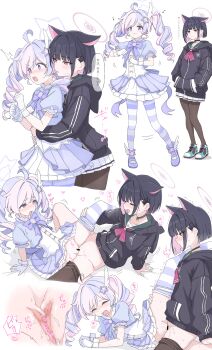 Rule 34 | 2girls, absurdres, ahoge, animal ears, aqua shoes, bar censor, black choker, black hair, black hoodie, black jacket, black pantyhose, blue archive, blue hair, blush, cat choker, cat ears, cat girl, censored, choker, closed eyes, closed mouth, colored inner animal ears, colored inner hair, commentary, drill hair, earrings, extra ears, gloves, green sailor collar, hair between eyes, hair ornament, halo, hands in pockets, highres, hood, hoodie, hug, hug from behind, jacket, jewelry, kazusa (blue archive), long hair, long sleeves, magical girl, mosaic censoring, multicolored hair, multiple girls, nakaoka ramu, neckerchief, official alternate costume, official alternate hairstyle, open mouth, pantyhose, pantyhose around one leg, pink hair, pink halo, pink neckerchief, pleated skirt, puffy short sleeves, puffy sleeves, purple eyes, purple hair, purple halo, purple jacket, purple pantyhose, purple shoes, purple skirt, pussy, pussy juice, red eyes, reisa (blue archive), reisa (magical) (blue archive), rubbing, sailor collar, shirt, shoes, short hair, short sleeves, sidelocks, skirt, sneakers, speech bubble, star (symbol), star earrings, star hair ornament, star halo, striped clothes, striped pantyhose, translation request, tribadism, twin drills, twintails, two-tone hair, two-tone pantyhose, white gloves, white shirt, white skirt, wing hair ornament, winged shoes, wings, yuri
