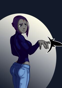 1girl ass bindi bubble casual colored_skin dc_comics denim facial_mark female_focus forehead_mark grey_eyes grey_skin jeans leotard morganagod pants purple_hair raven_(dc) short_hair solo teen_titans
