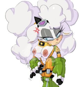 1girl anger_vein angry animal_ears animal_nose bell belt belt_buckle blue_eyes bodysuit bouncing_breasts breasts breasts_out buckle collar curvy eyelashes fingerless_gloves fluffy gloves goggles goggles_on_head hair_between_eyes half-closed_eyes hand_on_own_hip highres jiggle lanolin_the_sheep large_breasts long_hair motion_lines navel nipples partially_unzipped sega sheep sheep_ears sheep_girl simple_background solo sonic_(series) sonic_the_hedgehog_(idw) steaming_body sweat twintails unzipped_bodysuit unzipping very_long_hair walking white_background white_fur wool