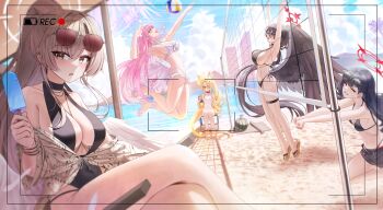 5girls :o absurdres arch_a4 armpit_crease arms_up battery_indicator beach beach_umbrella beach_volleyball bikini black_bikini black_hair black_one-piece_swimsuit black_shorts black_wings blonde_hair blue_archive blush breasts brown-tinted_eyewear brown_hair collarbone commentary crossed_legs english_commentary eyewear_on_head feathered_wings flip-flops halo hasumi_(blue_archive) hasumi_(swimsuit)_(blue_archive) highres ice_cream_bar ichika_(blue_archive) ichika_(swimsuit)_(blue_archive) jumping large_breasts looking_at_viewer mika_(blue_archive) mika_(swimsuit)_(blue_archive) multiple_girls nagisa_(blue_archive) nagisa_(swimsuit)_(blue_archive) official_alternate_costume one-piece_swimsuit orange-tinted_eyewear outdoors pink_hair ponytail recording sand sandals seia_(blue_archive) seia_(swimsuit)_(blue_archive) short_shorts shorts sitting straight_hair sunglasses swimsuit tinted_eyewear umbrella viewfinder visor_cap volleyball_net white_bikini white_one-piece_swimsuit white_wings wings