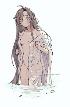 1girl ahoge alternate_costume alternate_hairstyle bathrobe blush breasts brown_hair cleavage closed_mouth collarbone convenient_censoring genderswap genderswap_(mtf) grey_eyes groin hair_down hair_ribbon highres long_hair long_sleeves looking_at_viewer medium_breasts modao_zushi navel off_shoulder open_clothes open_robe parted_bangs petals ribbon robe see-through_clothes sidelocks simple_background single_bare_shoulder solo standing twitter_username very_long_hair wading water wei_wuxian wet wet_clothes white_background white_robe wide_sleeves yaichi00